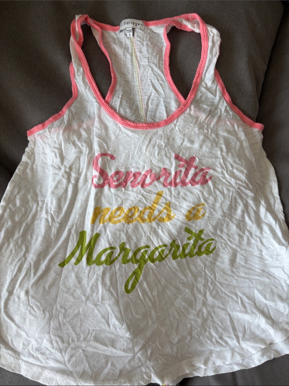 PJ Salvage White Racerback Tank with Pink Trim and Multicolor Script